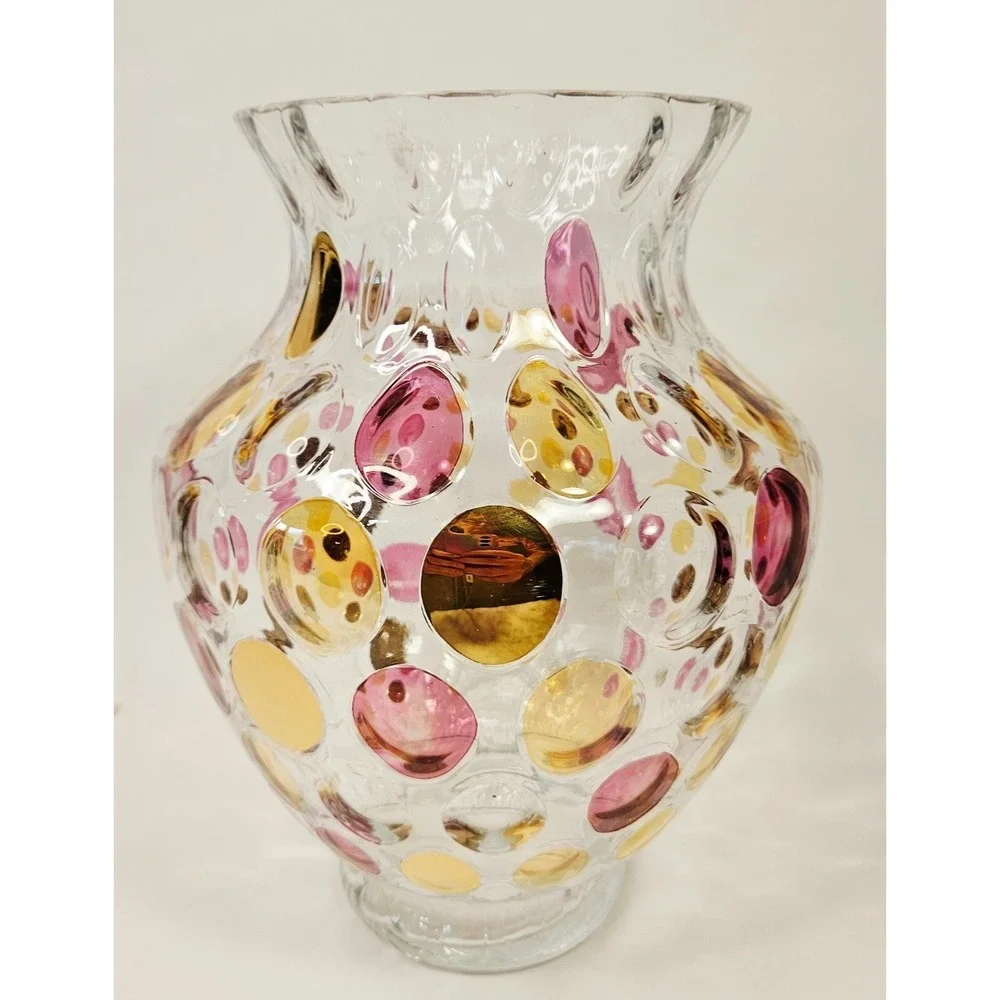 Unbranded‎ Home Clear Pink Gold Metallic Polka Dot Glass Thumbprint Vase Medium